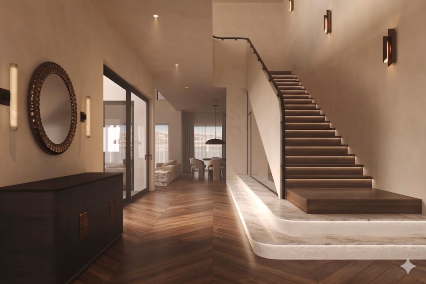 Modern hallway with wooden stairs, marble platform, round mirror, and dining area in the background.