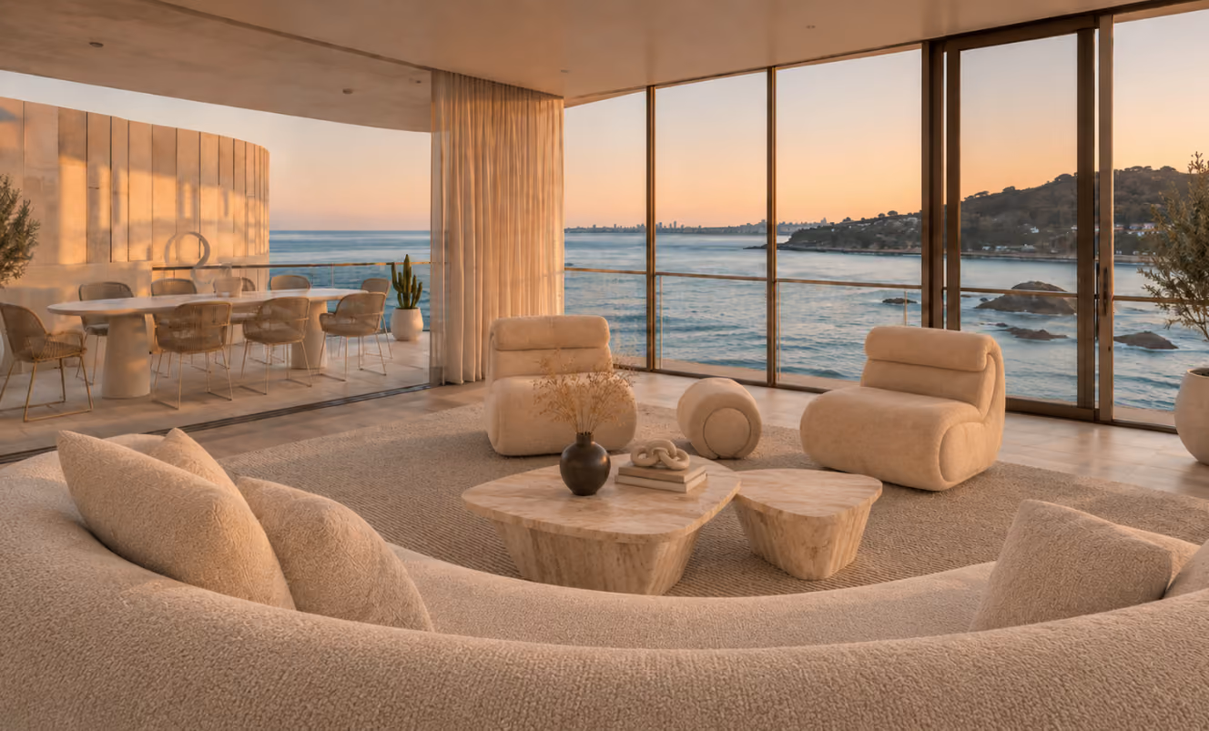 Modern living room with beige curved sofa, two rounded chairs, and wooden coffee tables on a neutral rug, featuring floor-to-ceiling windows overlooking a calm sea and distant hills at sunset, with a dining area visible behind glass wall on the left.