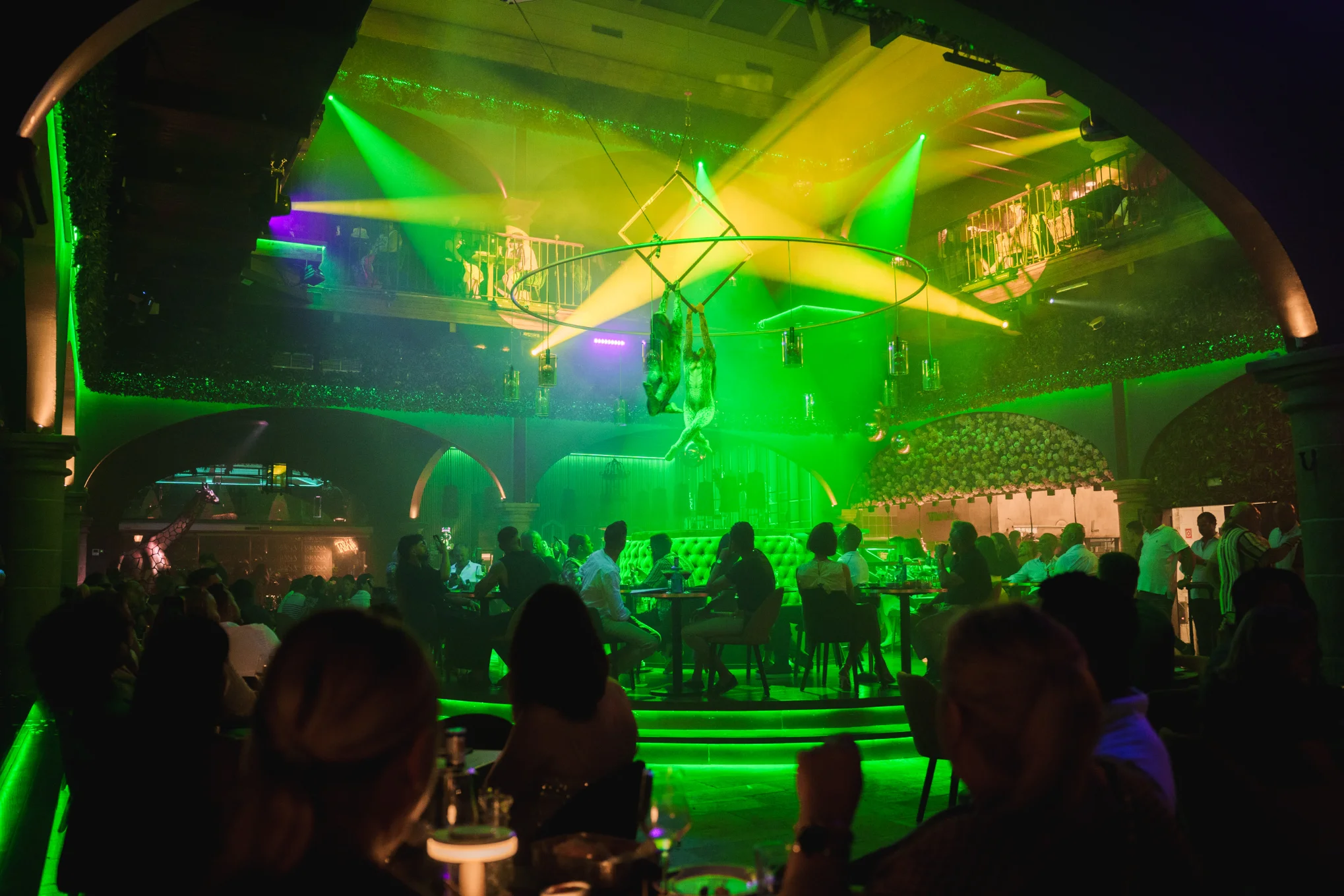 A lively nightclub in Mallorca featuring green lights and a crowd, perfect for planning an exciting dinner show night.