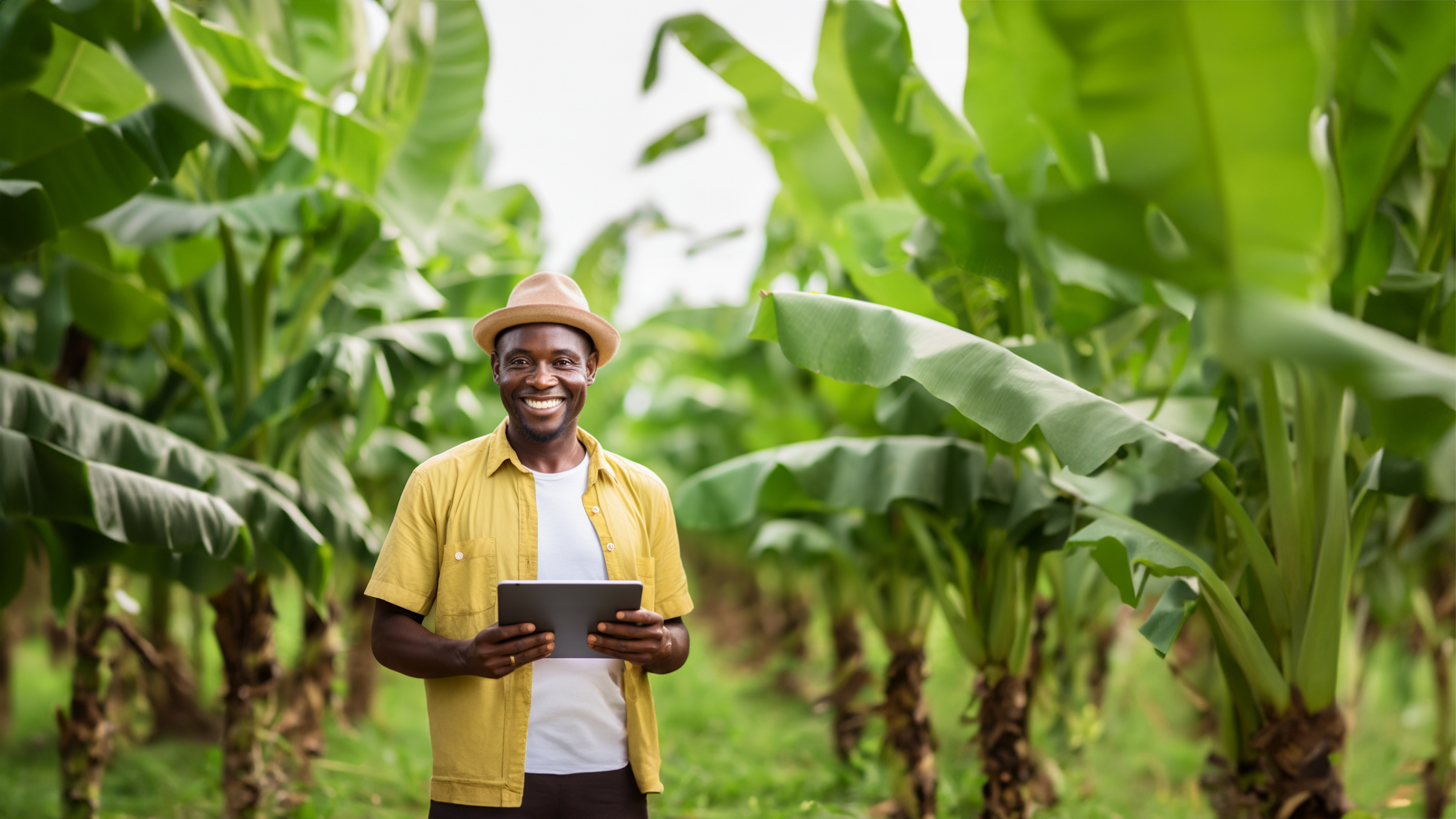 A man using a tablet in a field