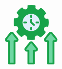 Green clock inside a gear above three upward-pointing arrows representing enhanced reliability.