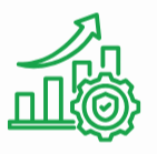 Green bar chart with upward arrow and gear containing a heart with a checkmark inside.