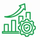 Green bar chart with upward arrow and gear containing a heart with a checkmark inside.