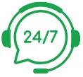Green headset icon with a speech bubble displaying 24/7 support.