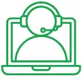Green line icon of a person wearing headset inside a laptop screen representing remote support.