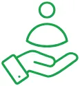 Green outline of a hand holding a person icon above it representing support or care.
