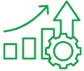 Icon showing increasing bar chart, upward arrow, and gear symbolizing growth and optimization.