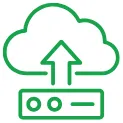 Green outline of a cloud with an upward arrow above a server icon representing cloud migration.