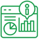 Green line art analytics icon with pie chart, bar graph, and person symbol.