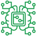 Green line art of a computer chip with circuits branching out, symbolizing AI and machine learning.