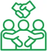 Three people icons shaking hands under a handshake symbol representing teamwork or support.