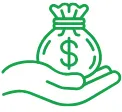 Green line art of a hand holding a money bag with dollar sign.