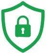 Green shield with a padlock symbol representing security and protection.