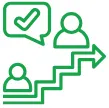 Two user icons on steps with an arrow pointing right and a speech bubble with a checkmark.
