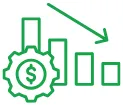 Green line graph with downward arrow, bar chart, and dollar sign gear symbol representing cost savings.