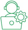 Green line icon of a person with a headset and laptop with a gear symbol representing technical support.