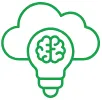 Green icon of a cloud with a lightbulb containing a brain inside, representing cloud intelligence.