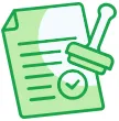 Green icon of a document with checkmark stamp indicating approved or verified expertise.
