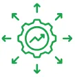 Gear with upward trend graph inside and arrows pointing outward in all directions.