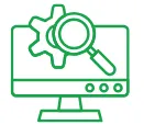 Green outline of a computer monitor with gear and magnifying glass icons on screen.