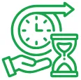 Green icon of a hand holding a clock with an arrow circling and an hourglass nearby.