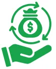 Green icon of a hand holding a money bag surrounded by circular arrows representing ROI.