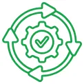 Green gear icon with checkmark surrounded by circular arrows representing business continuity.
