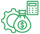 Green icons of a gear, a money bag with a dollar sign, and a calculator representing cost and time efficiency.
