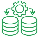 Icon showing two database stacks connected by arrows with a gear above indicating migration or syncing.