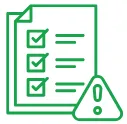 Green checklist with three checked boxes and an exclamation triangle warning icon.