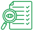 Magnifying glass over a document with text lines and check marks, symbolizing audit or compliance review.