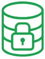 Green icon of a database cylinder secured with a padlock symbolizing data protection.