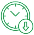 Green clock face with down arrow icon, symbolizing reduced downtime.