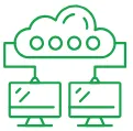 Green cloud icon connected to two desktop monitors representing multi-cloud resilience.
