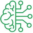 Green line art of a human brain connected to circuit paths symbolizing artificial intelligence.