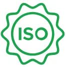 Green ISO certification badge with circular emblem and wavy outer border.