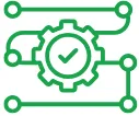 Green outline icon of interconnected gears with a checkmark in the center gear.