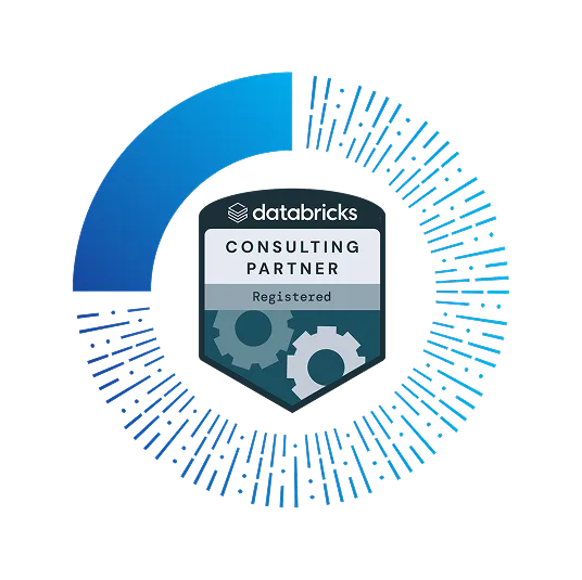 Databricks Consulting Partner Registered badge with gear icons and blue circular pattern around it.