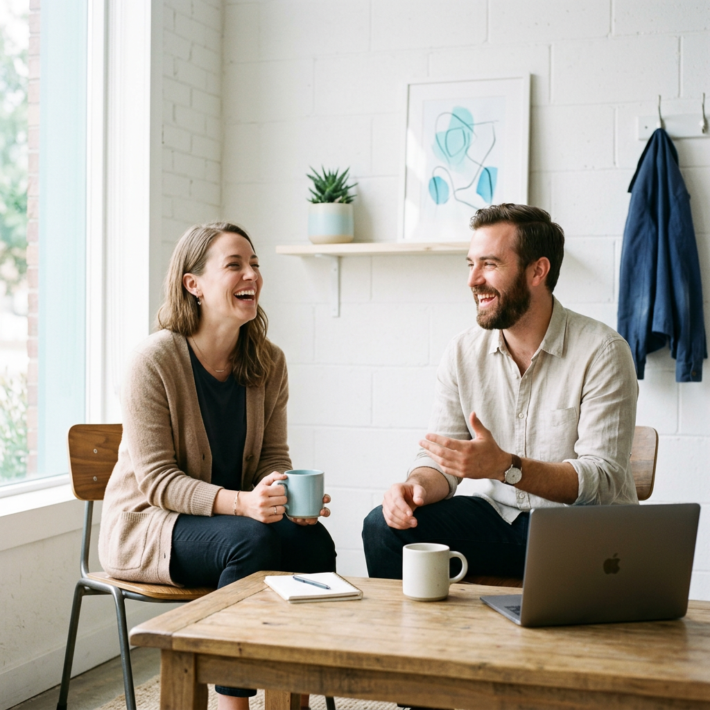 Two founders laughing comfortably over strategy conversation