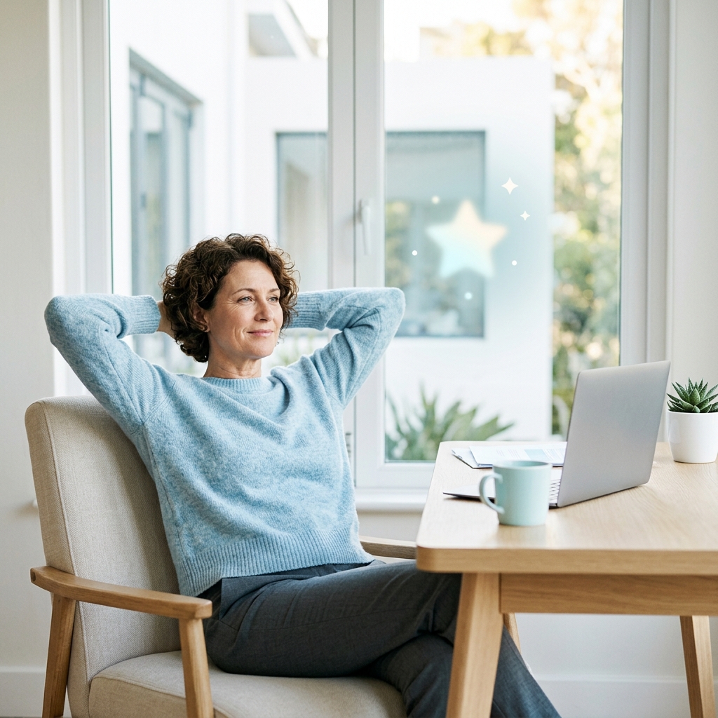 Founder relaxed at bright minimal desk working effortlessly