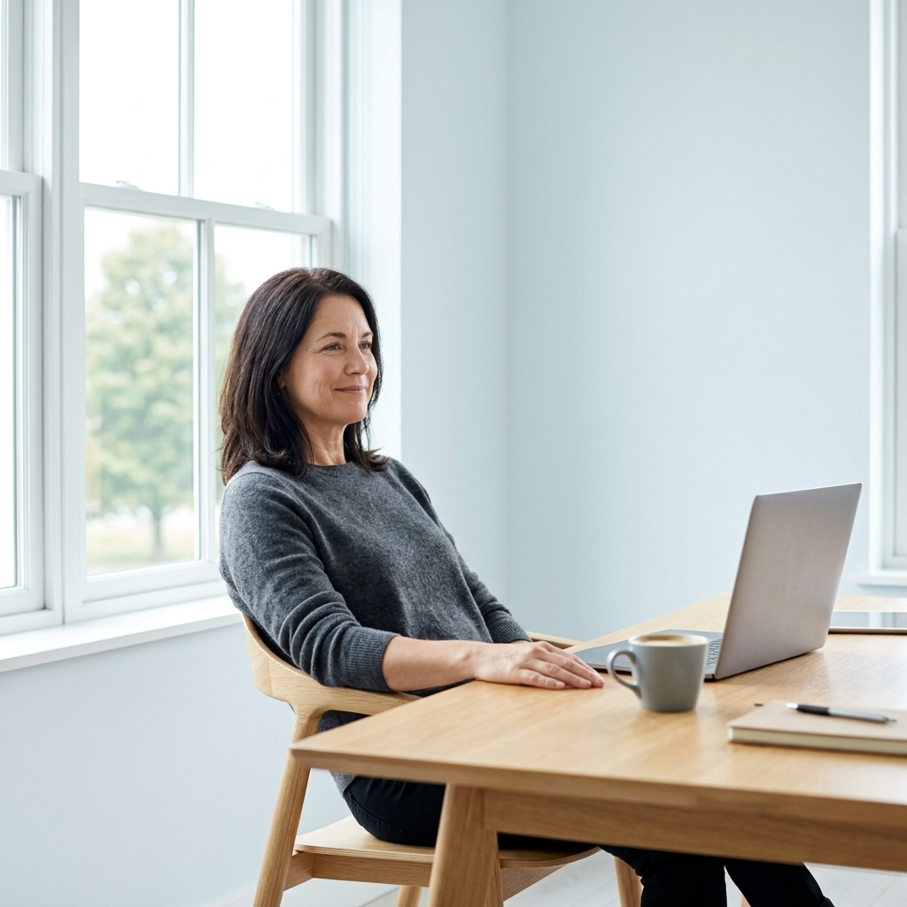 Founder relaxed at desk, calm and focused