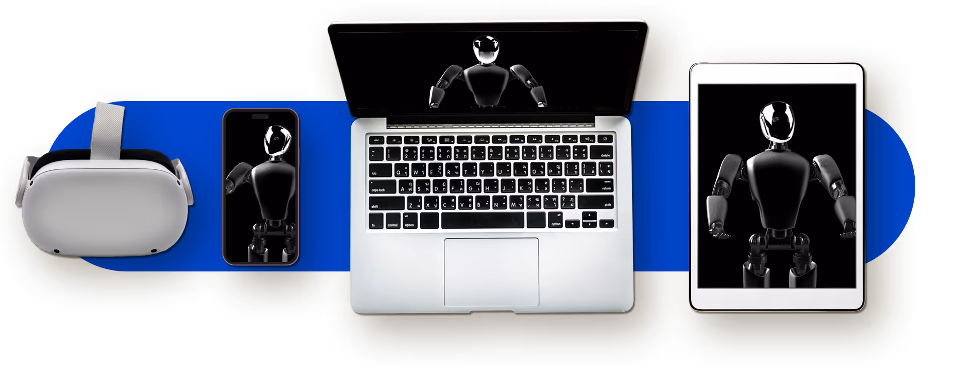 A top down view of mobile devices from VR, phone, laptop to tablet support