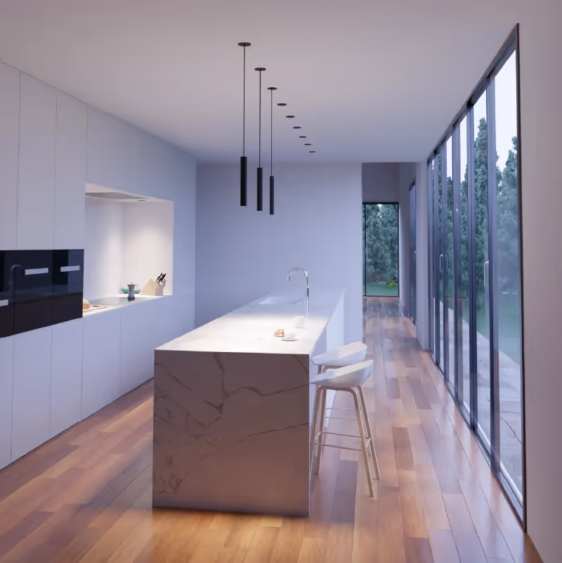 A 3D render of a kitchen