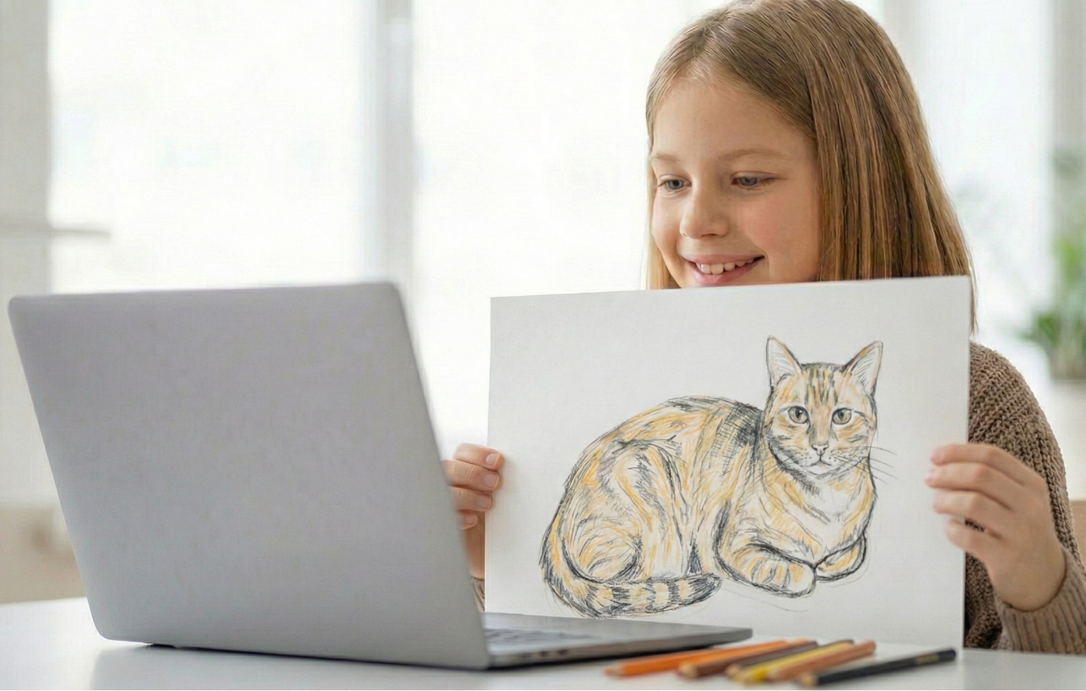 Dziewczynka pokazująca do kamery laptopa rysunek kotka.