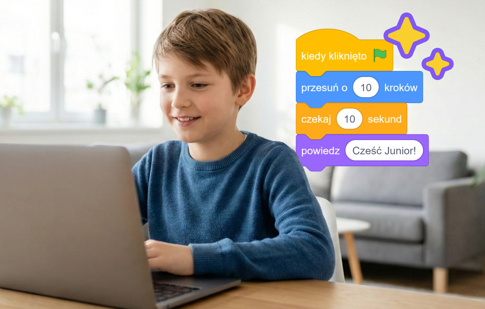Chłopiec który przy laptopie używać Scratch, obok niego komendy z programu do programowania blokowego.