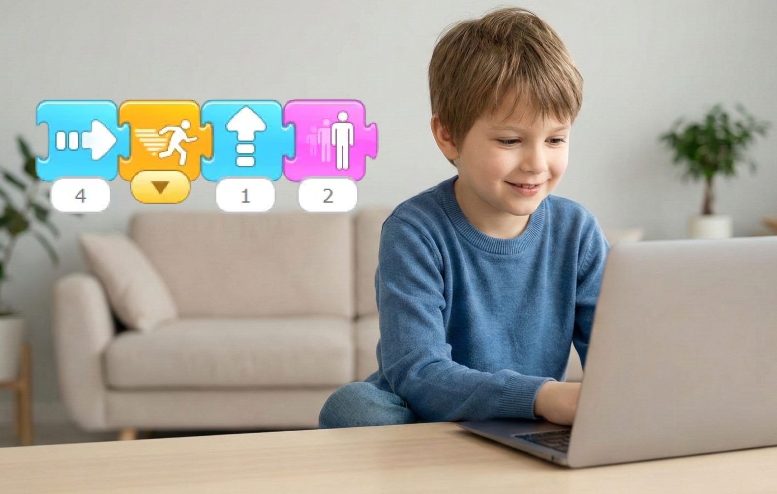 Mały chłopiec uczący się Scratch Jr na laptopie