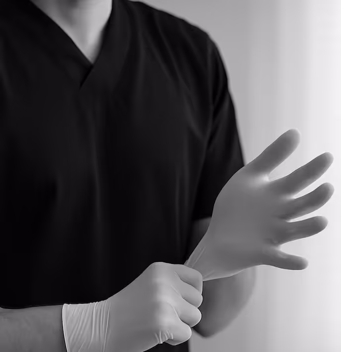 Operator putting gloves on