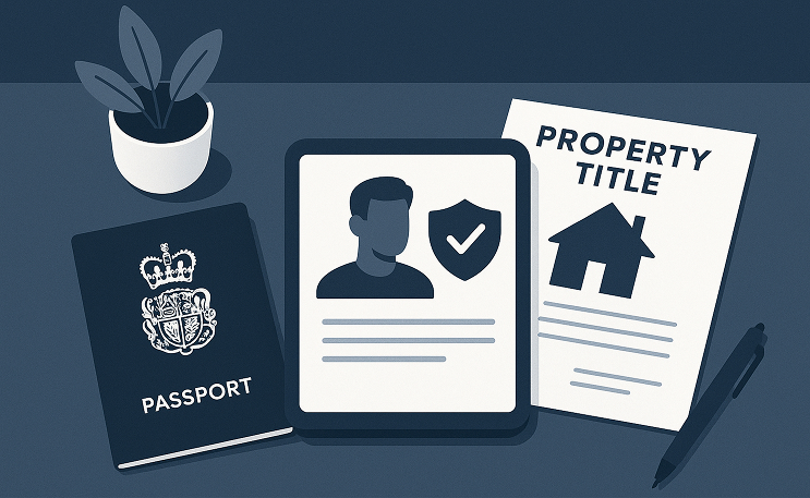 The illustration of a property title, an ID and a passport. 