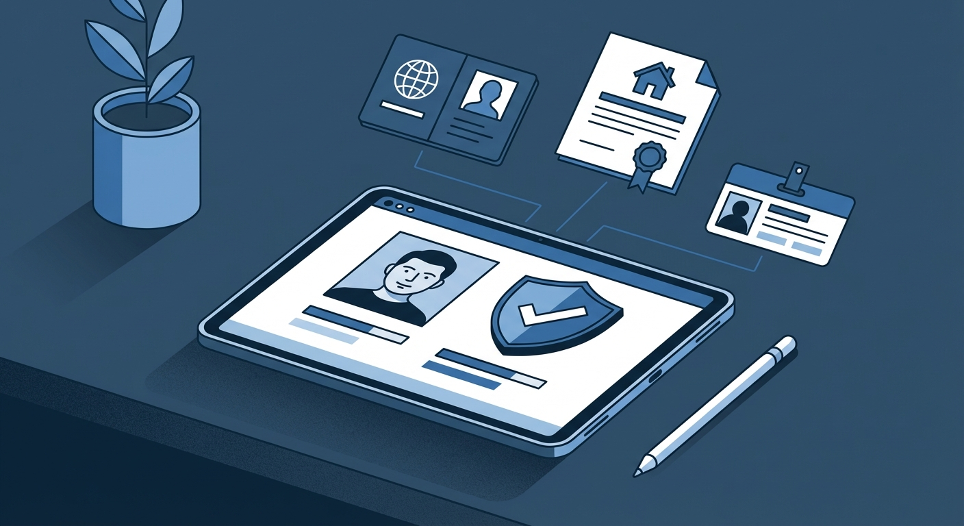 Flat vector illustration of digital KYC verification showing tablet with identity check and documents