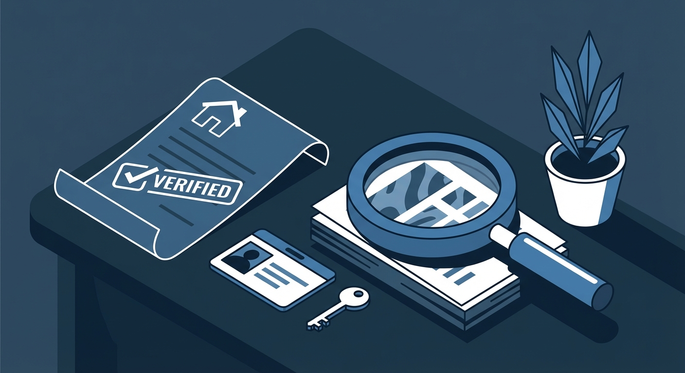 Flat vector illustration of property document verification with magnifying glass and ID card on desk